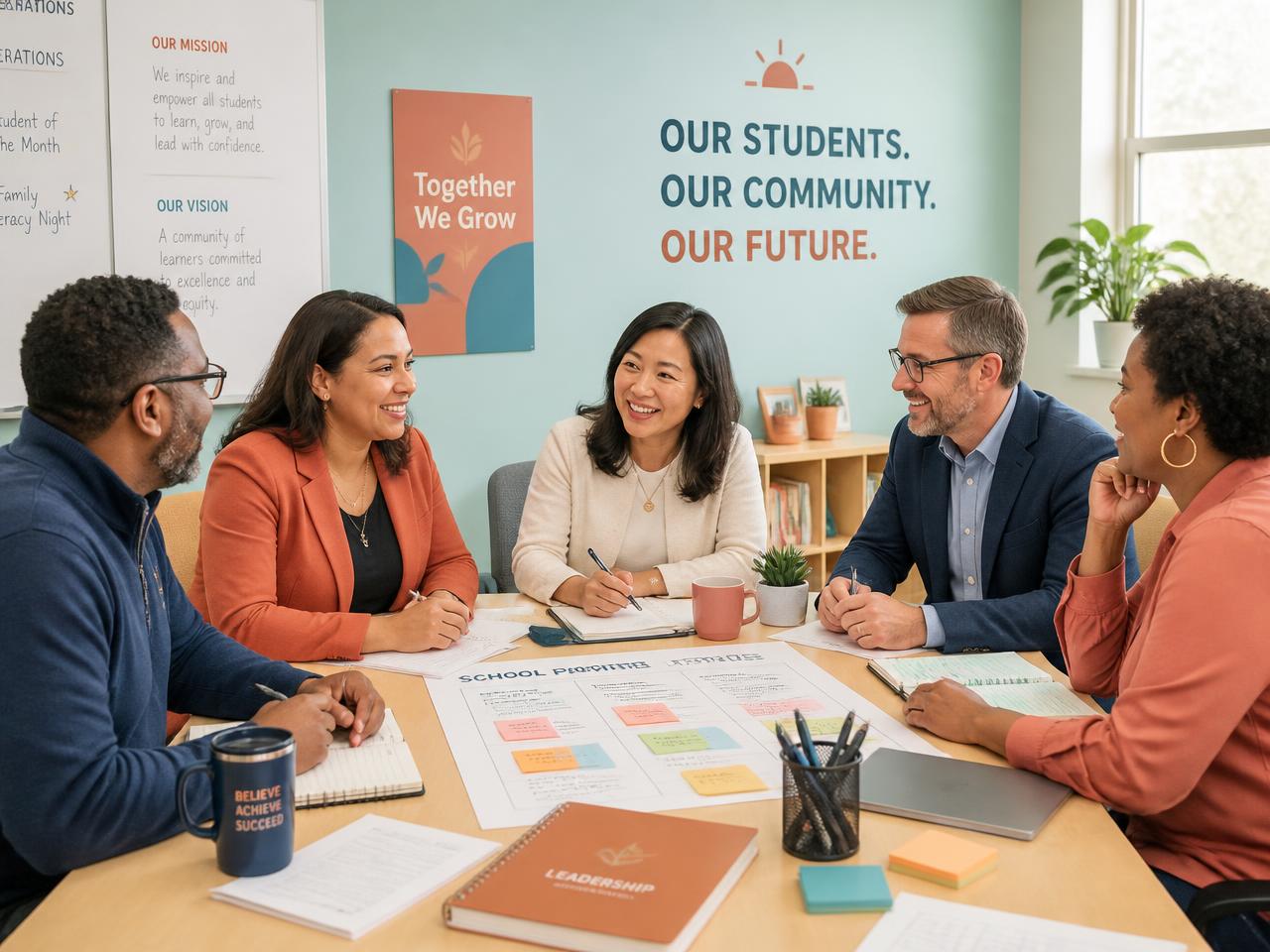 A diverse school leadership team in reflective conversation around a table with notes and charts